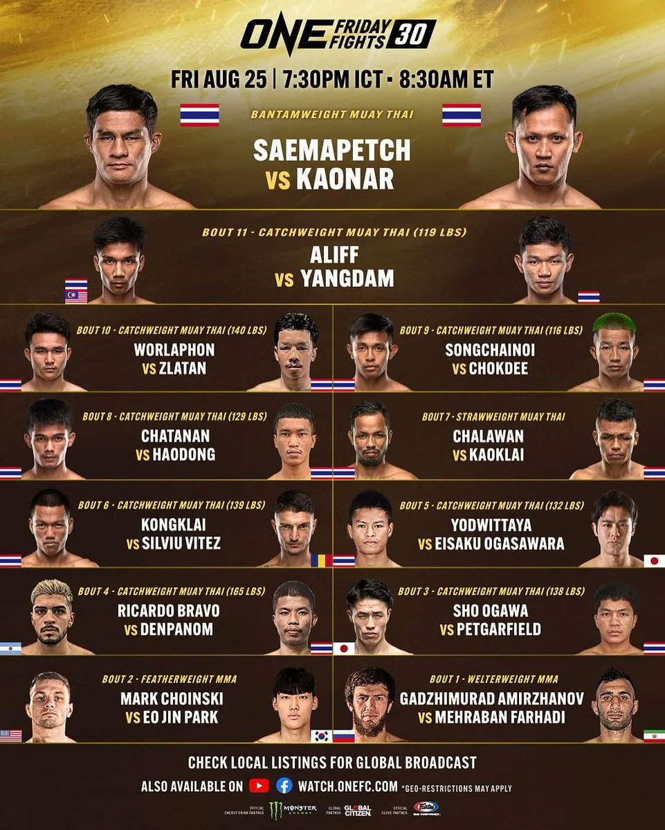 CSTodayNews's tweet photo. Full card for ONE Friday Fights 30. 

#ONEFridayFights30 | @ONEChampionship https://t.co/5L5RAQsyvq