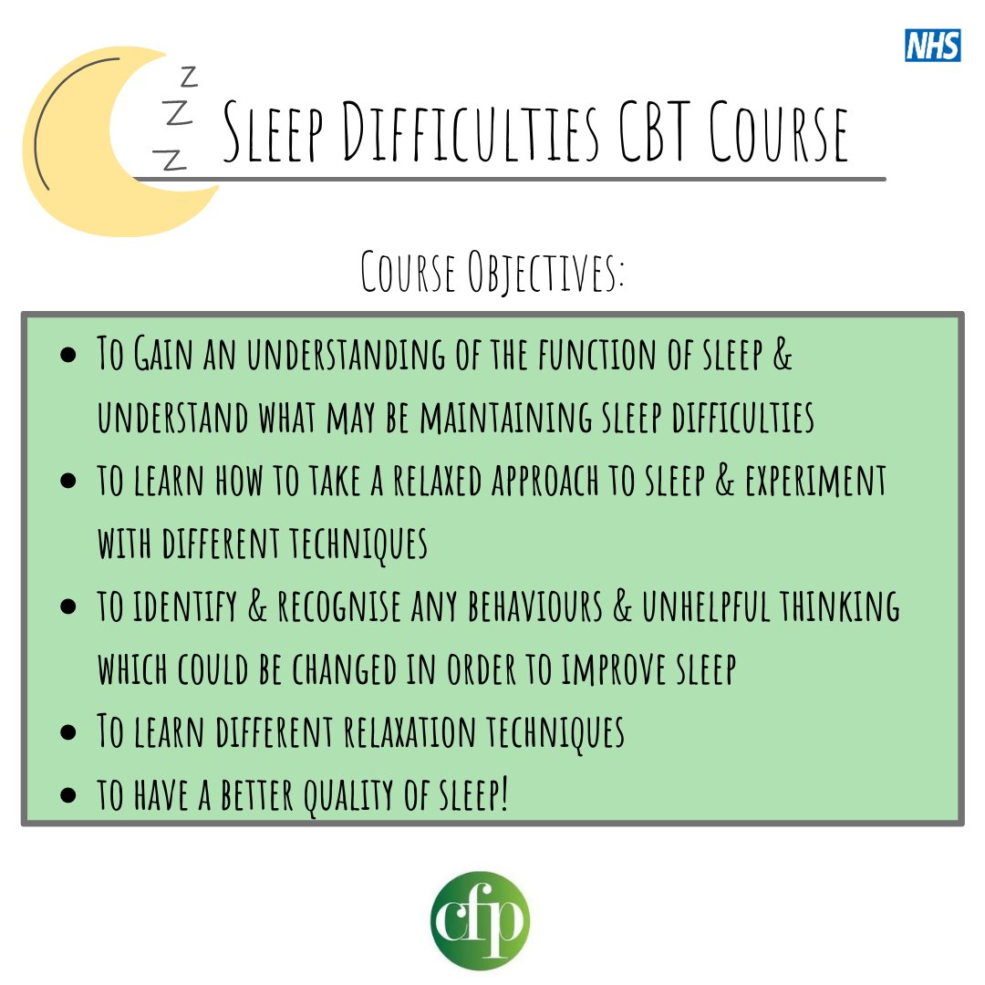 ⭐ Sleep Difficulties Course ⭐

Our online group-based CBT course starts on Wednesday 20th September 9:30am-11:30am, for 4 weeks 

If you're interested in joining, get in touch: 
📞 01306 775001
📧 groups@centreforpsychology.co.uk 
🖥 centreforpsychology.co.uk 

#sleephelp