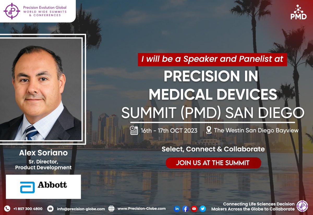PrecisionEvolu1's tweet photo. We are delighted to welcome Alex Soriano of @AbbottNews to the #PMDSUMMIT in #SANDIEGO

#MedicalDevices #MedTech #Events #digitalhealth #Patients #engineering #regulatoryaffairs #FDA #Devices #Therapeutics #Abbott https://t.co/RbeF0gKcez