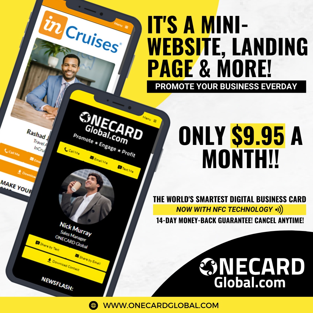 Your mini-website, landing page, and more, all in one package! 🚀 

Elevate your business promotion every single day. Just $9.95/month for endless possibilities!

#MiniWebsite #LandingPage #BusinessBoost

🌐 onecardglobal.com/home

#ONECARDGlobal #DigitalBusinessCard #Contact...