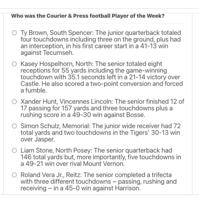 kylesokeland's tweet photo. Vote now for the Courier &amp; Press high school football Player of the Week from week one. The nominees:
https://t.co/Z1T0IhPlce https://t.co/jkPHBNwBfk