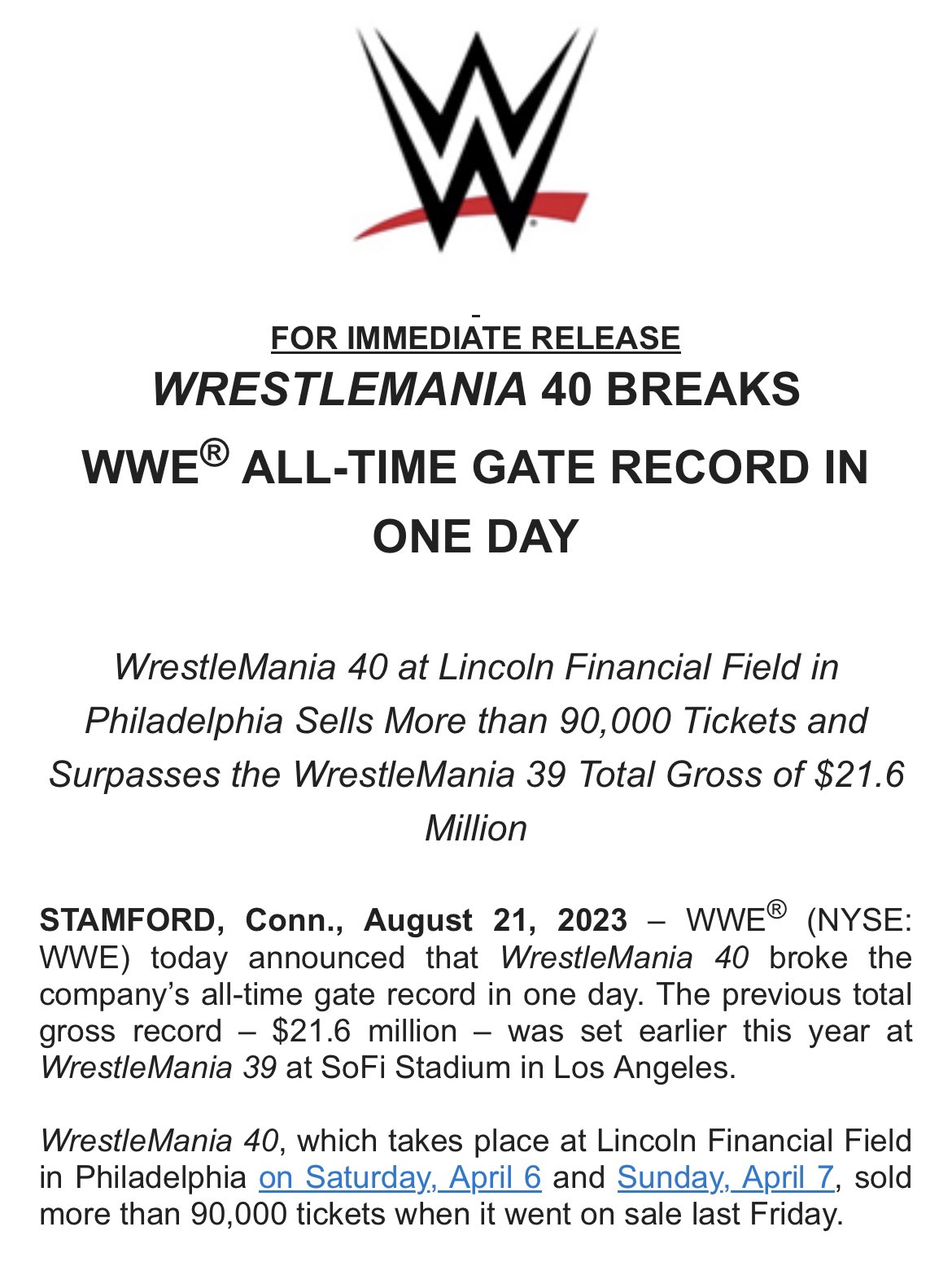 WWE® Breaks All-Time WrestleMania® Gate Record