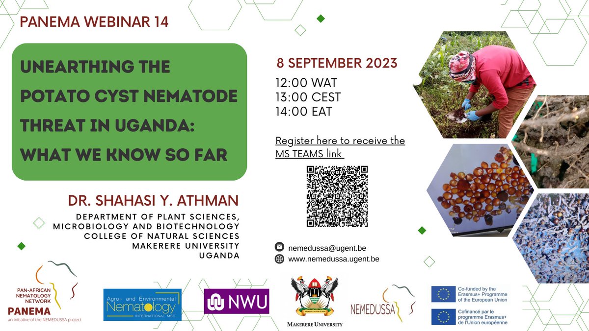 shabintiyusuf's tweet photo. I will be presenting a webinar on Friday 8th September, 2023 on the   Potato Cyst nematode threat in Uganda. Recently discovered in the country and the East African region, this global quarantine pest is a big threat to the potato industry, food and security income @Nemedussa https://t.co/p2x5Uss3Ml