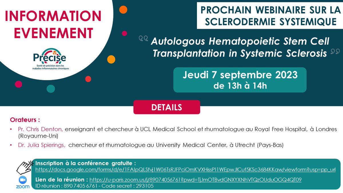FhuPrecise's tweet image. INFORMATION EVENEMENT GFRS du 07/09/23 de 13h à 14h - webinaire "Autologous Hematopoietic Stem Cell Transplantation in Systemic Sclerosis"
👉Inscription gratuite sur le lien : docs.google.com/forms/d/e/1FAI…
👉Lien ZOOM : u-paris.zoom.us/j/89074056761?…
@UFR3S_ULille @CHU_Lille @univ_lille
