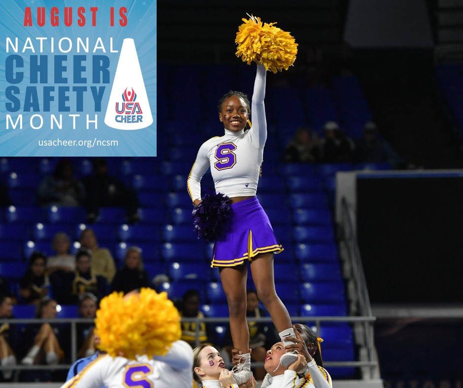 TSSAA's tweet photo. August is National Cheer Safety Month! Visit https://t.co/dW2RC0LWk3 for cheer safety education and resources and to take the "I Cheer Safe" pledge. #cheersafetymonth #cheersafe @usacheer https://t.co/AIBsZ3nHYD