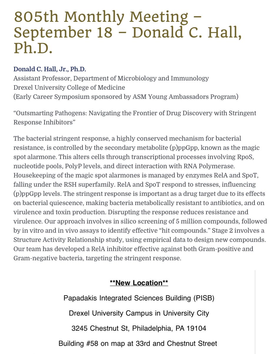 EPAASMBranch's tweet photo. Please join us for our 805th monthly meeting on September 18 featuring Donald C Hall of @DrexelMedicine, see https://t.co/Nd4igmKxuB for program updates. @ASMicrobiology #PhiladelphiaScience https://t.co/LZCAALKRou