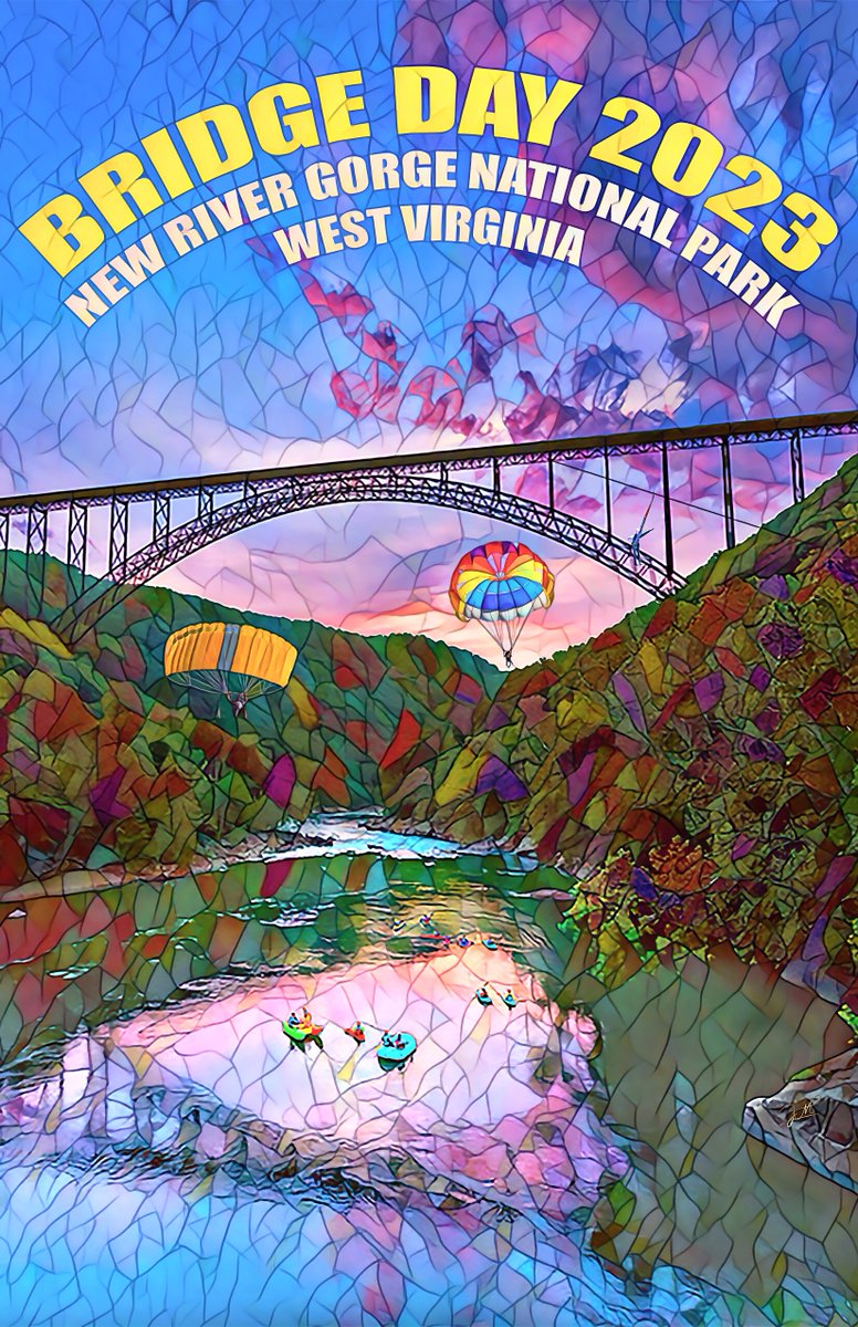 bridgeday's tweet photo. We are two months away from Bridge Day 2023.  Let's celebrate by announcing the winner of the Bridge Day Poster contest.  This years winner is Jill Mullins and her poster is named "Free Falling".  A limited number of these posters will be availabe at Bridge Day 2023. https://t.co/oaOcnfMwc4