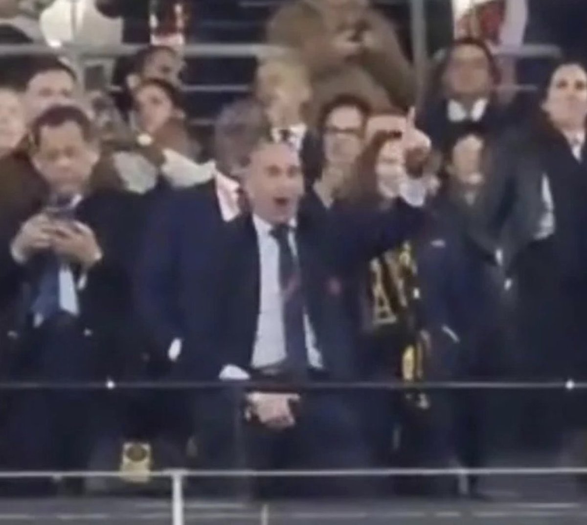 Spanish Federation President Luis Rubiales grabs his crotch in the moment of Spanish victory in the VVIP Section, where he was seated besides members of the Spanish Royal Family. He would proceed to kiss Jenni Hermoso on the mouth during the trophy presentation. Hermoso later