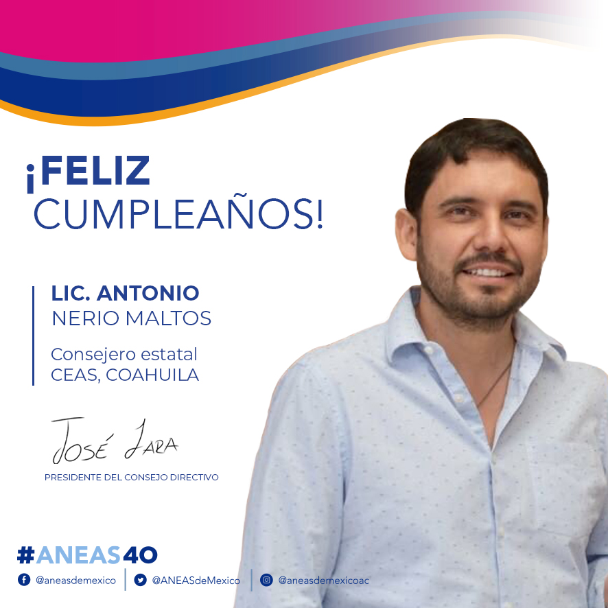 🎂🎂El Ingeniero <a href="/joselaralona1/">José Lara Lona</a>, Presidente del Consejo Directivo de ANEAS, envía a nombre de quienes integran al organismo, una calurosa felicitación al Lic. <a href="/antonionerio/">Antonio Nerio Maltos</a>, Director de la <a href="/CEASCoahuila/">CEAS Coahuila</a>, por su cumpleaños.  

¡Un fuerte abrazo! 🥳🥳🥳🥳

#HBD #ANEAS40