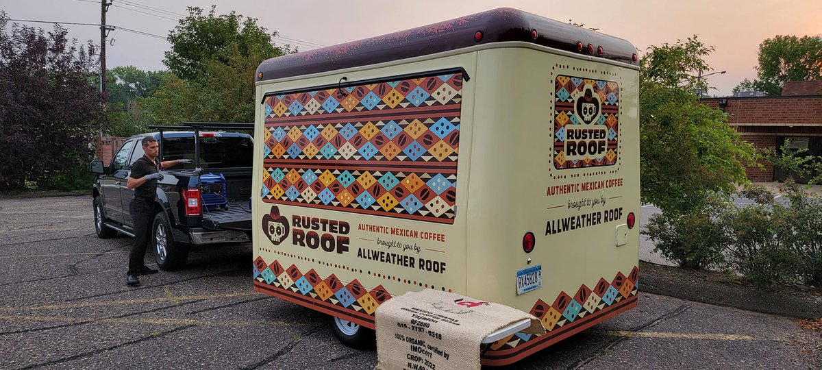 CloudMediaInt's tweet photo. Fun early morning video shoot in St. Paul as Brent from Allweather Roof showcases the Rusted Roof coffee trailer at Sheehy Construction Co. And serves the team there coffee and donuts. https://t.co/aLM7UUQaR9