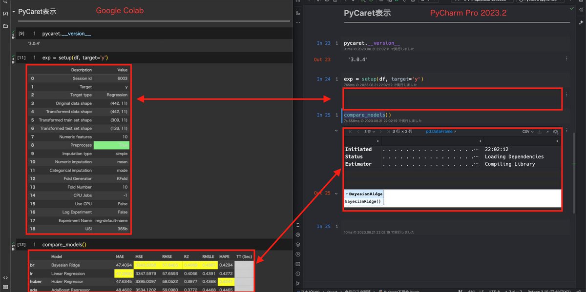 SimaAjiS's tweet photo. PyCharmを愛用しているが、AutoMLツールであるPyCaretの出力はGoogle Colaboratoryと比較して圧倒的に足りない…
MLだから素直にColab使えば良いかもだけど、PyCharmの操作感が好きなのです…
今後の表示改善に期待!
(サムライズムさん経由で要望は伝えました)
#PyCharm #JetBrains #PyCaret https://t.co/n0cHuAaQeQ