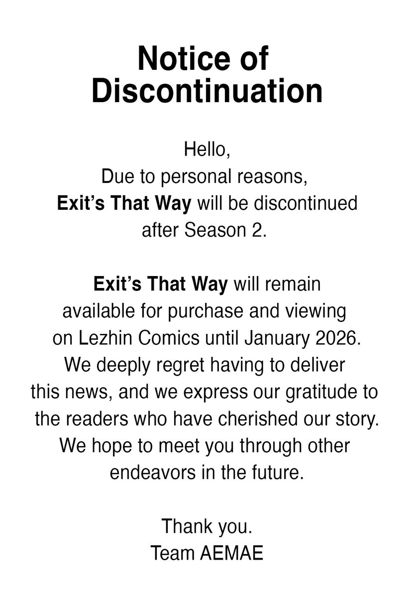 team_doao's tweet photo. Hello, Due to personal reasons, <Exit’s That Way> will be discontinued after Season 2.
We hope to meet you through other endeavors in the future. Thank you. https://t.co/DUxTZoCLAA