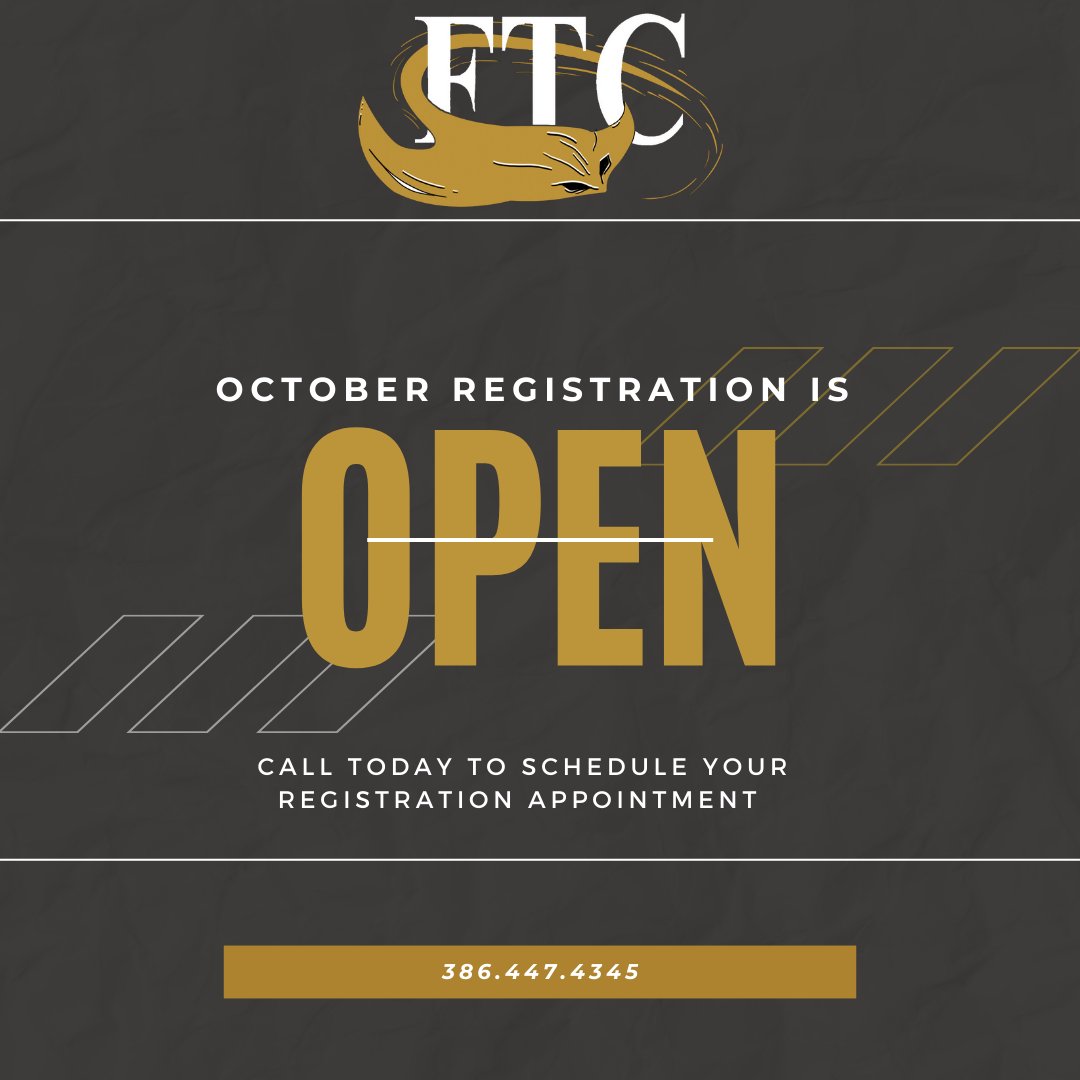 October registration is open for the following programs:
-Commercial Vehicle Driving
-Cosmetology
-Childcare  Center Operations Director
-CDA
-Director's Renewal Program

Apply online at Flaglertech.edu 
#FlaglerSchools #FlaglerCounty