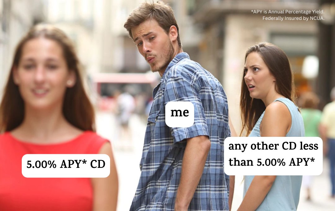 ZingCreditUnion's tweet photo. What's better than a 5.00% APY CD? We'll wait.... 

*APY is Annual Percentage Yield. Federally insured by NCUA. Fees may reduce account earnings. For our most up-to-date rates, please visit https://t.co/4enPEPy9p4. Rates are subject to change at any time without notice. https://t.co/P1kpQe237n