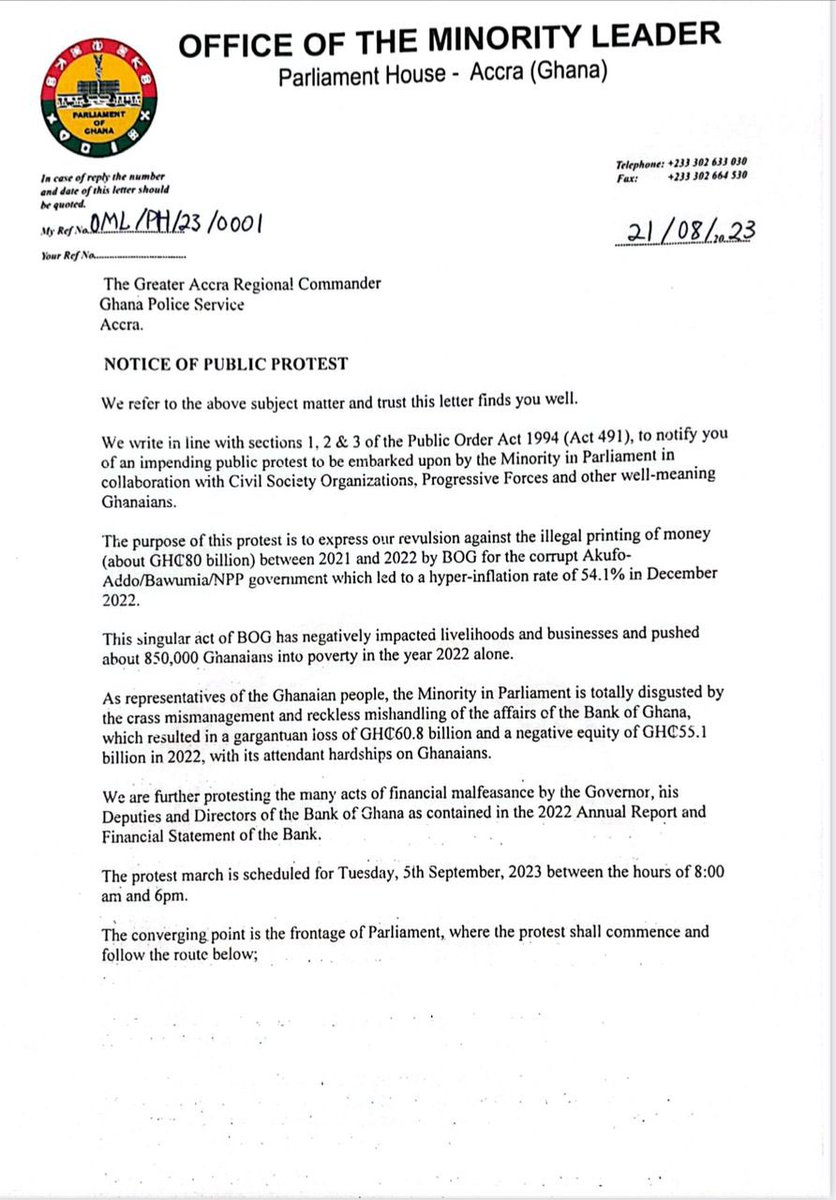 PrinceHenry_PHK's tweet photo. Breaking News ;
Notice of historic #OccupyBOG demo duly served on the Ghana police service; Demo to take place on Tuesday, 5th September, 2023.
Enough of the criminal and willful recklessness. Let’s arise to save Ghana now!
#AddisonMustGo
#BOGDirectorsMustGo
#8DaysMore #PHK https://t.co/Am25Ux69EJ