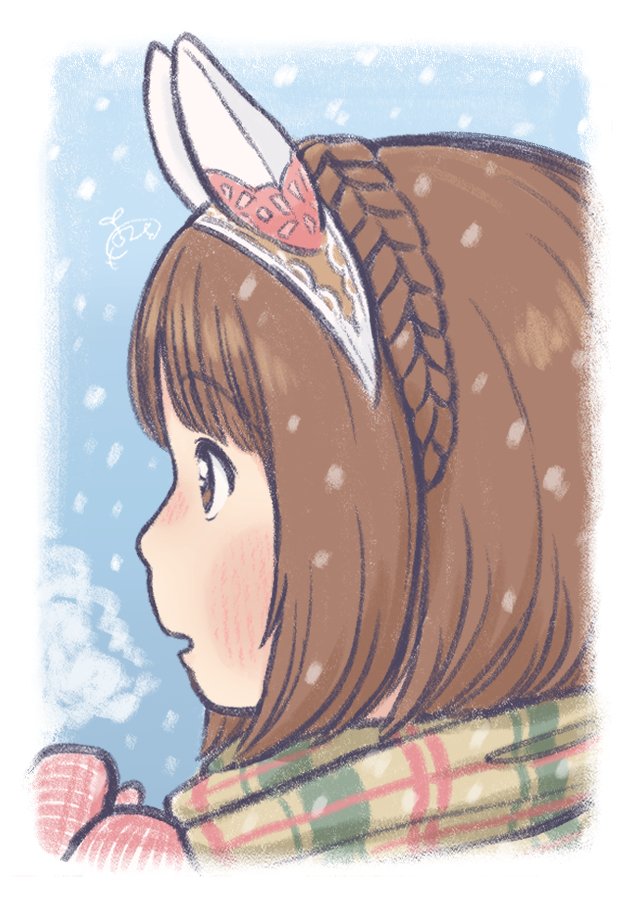 1girl solo animal ears brown hair horse ears scarf mittens  illustration images