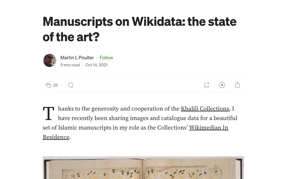 We've been thinking a lot about how to contribute DS IDs to Wikidata to represent DS member ms data there. This blogpost by ace Wikimedian @mlpoulter is a great starting point: medium.com/@infobomb/manu…