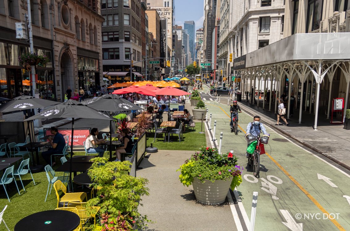 NYCMayor's tweet photo. Broadway Vision is a new way of looking at how this iconic street can serve our city. 

New Yorkers are walking and biking safely, eating meals outside, and doing so much more thanks to the work our team delivered in just three months. 

Read more: https://t.co/yhqgfxurB1 https://t.co/NGgjG7namJ
