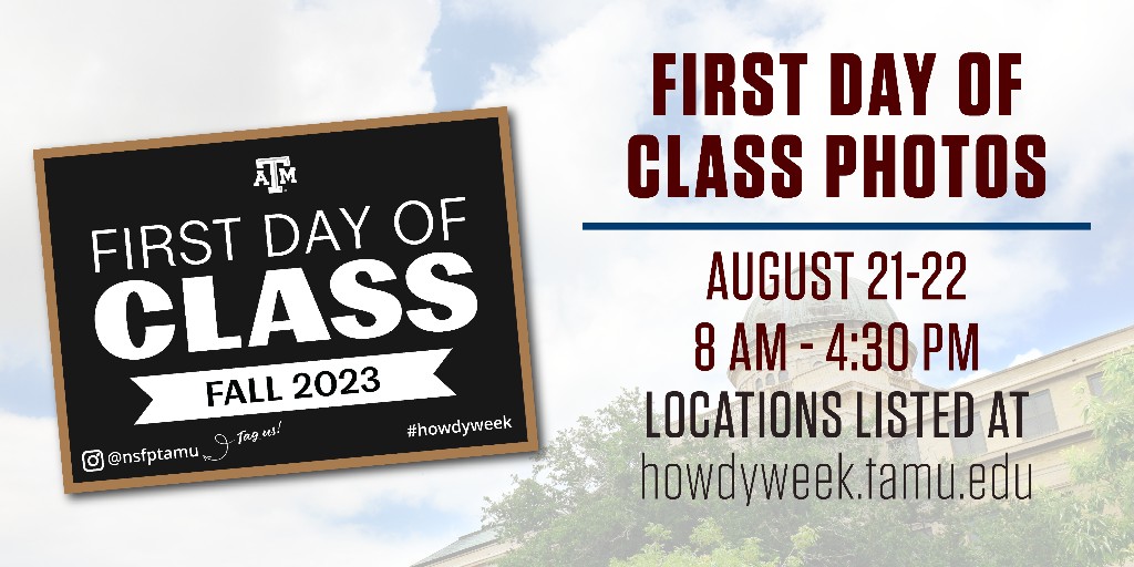 Welcome to Aggieland!! Don't forget to stop by and take your first day-of-class photo with us today or tomorrow 📸 Monday, August 21 📍 Academic Plaza 📍 Plant Pathology and Microbiology Building Tuesday, August 22 📍 Academic Plaza 📍 Sbisa Dining Hall