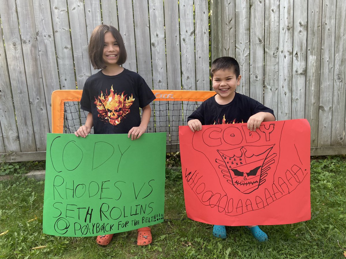 kobayashimisa's tweet photo. @CodyRhodes My sons are big fans of yours and worked so hard on their posters for the #WWE show in Ottawa and then we forgot them in the car. 🤦🏻‍♀️ I promised them I would send these pics of their signs so you could see them! https://t.co/c2py6uiU37