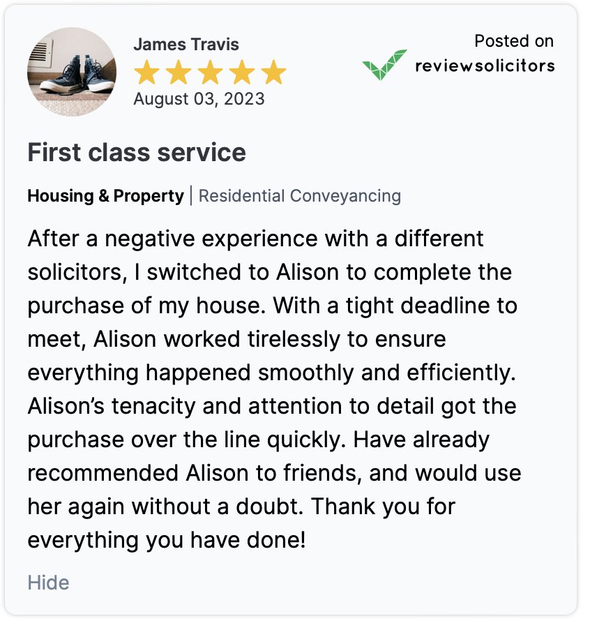First class service! A wonderful new review on @ReviewSolicitor! 

If you need help with buying or selling a property, contact Alison and our conveyancing team by calling 0151 236 8871 or visiting ⬇️
morecrofts.co.uk/service/proper…

#Conveyancing #PropertySolicitors