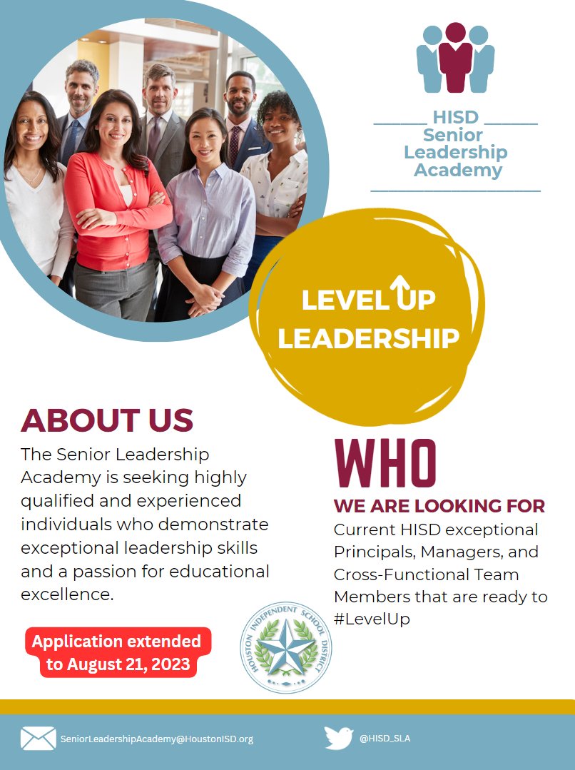 HISD_SLA's tweet photo. 📢@TeamHISD: Unleash your leadership potential! The Senior Leadership Academy is your 🔑 to #LevelIp & unlock new horizons.
🌅 Apply now, embrace the challenge, & embark on a transformative journey toward senior leadership.
🖱️ for info & application: https://t.co/iquKFswXPb https://t.co/UTIwhGZ4C4