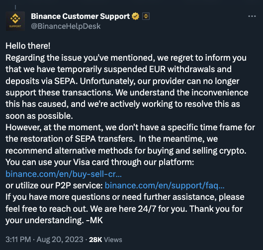 Cointelegraph's tweet image. 🚨 JUST IN: It is alleged that @binance has limited withdrawals and deposits in Europe, citing payment processor issues.
