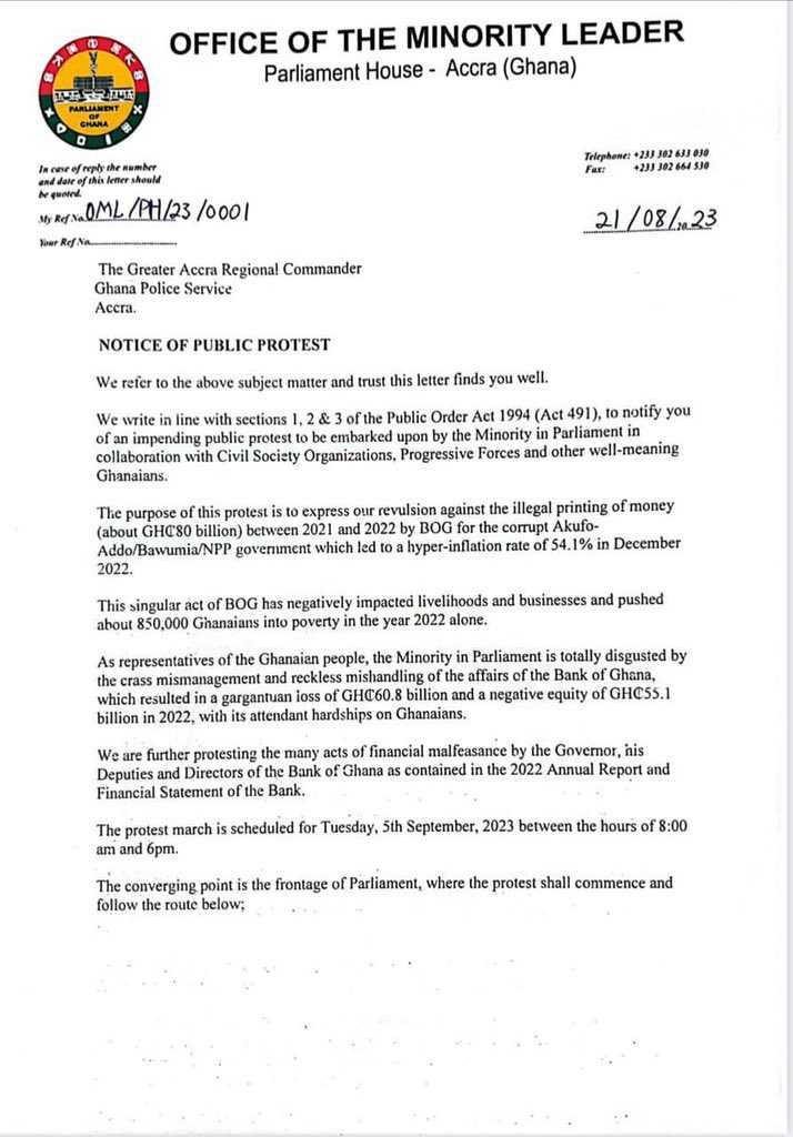 sedembadasu3's tweet photo. Breaking News;
Notice of historic #OccupyBOG demo duly served on the Ghana police service;
Demo to take place on
Tuesday, 5th September, 2023.
Enough of the criminal and willful recklessness.
Let’s arise to save Ghana now!
#AddisonMustGo
#BOGDirectorsMustGo
#8DaysMore https://t.co/uz1Iwuz34p