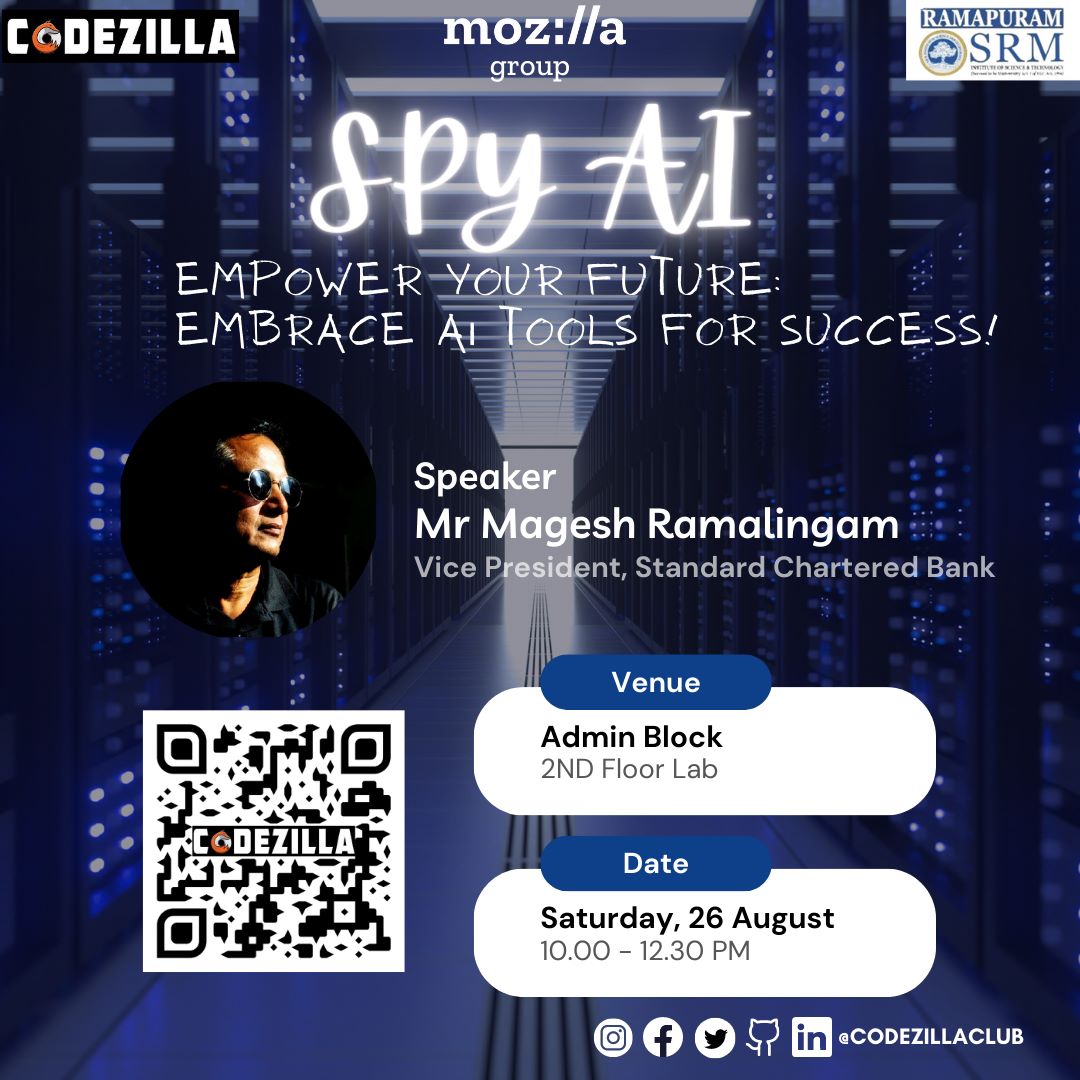 CodezillaClub's tweet image. Wanna experience future of AI intelligence...
Join us at CodeZilla's exclusive event, "SpyAI", where we explore the thrilling synergy between AI and espionage.
📅Date:26th August 2023
🕒Time:10:00 am to 12:30 pm
📍Venue:Admin block 2nd floor CSE Lab
Link:forms.gle/Lxy47ajM51LRSm…