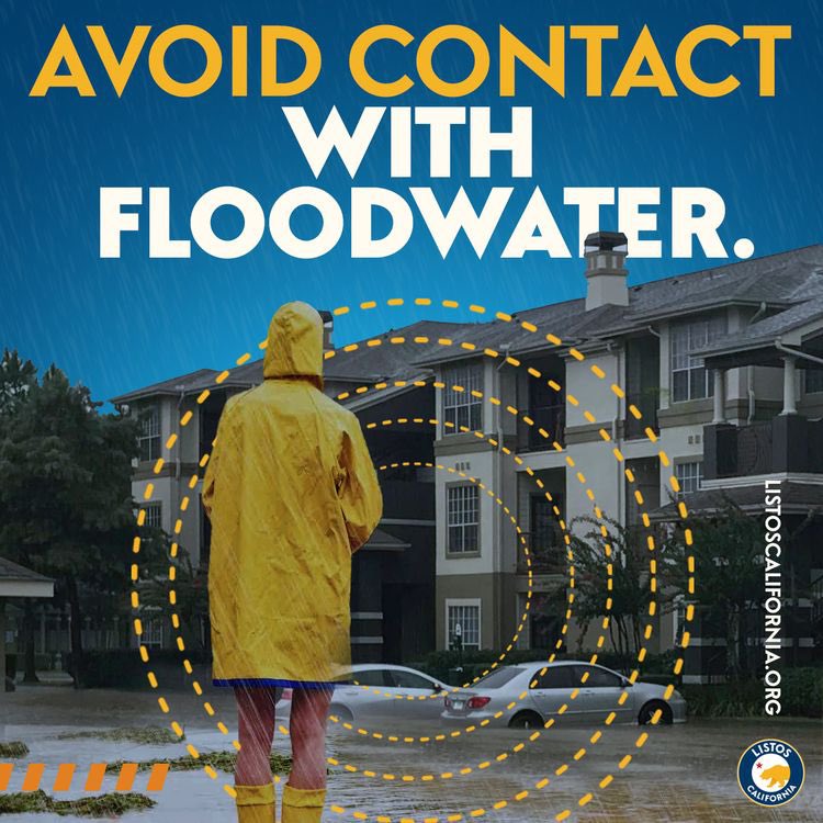 Stay safe! Stay out of floodwater!

Avoid contact with floodwater whenever possible. If water does contact yourskin, wash the area with hot soapy water as soon as possible. Use hand sanitizer when clean water is not available.

Go to ListosCalifornia.org for tips &amp; resources.