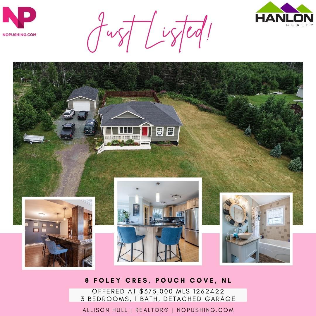 #JustListed! 8 Foley Cres, #PouchCoveNL #OpenConcept 3 bedroom home on 3/4 Acre lot with 20x30 Detached Garage! Rec room with beautiful bar area. #MLS 1262422. $375,000. #nlrealestate #hanlonrealty #nopushing #yyt #stjohnsrealestate Call 709-351-2685 to view!