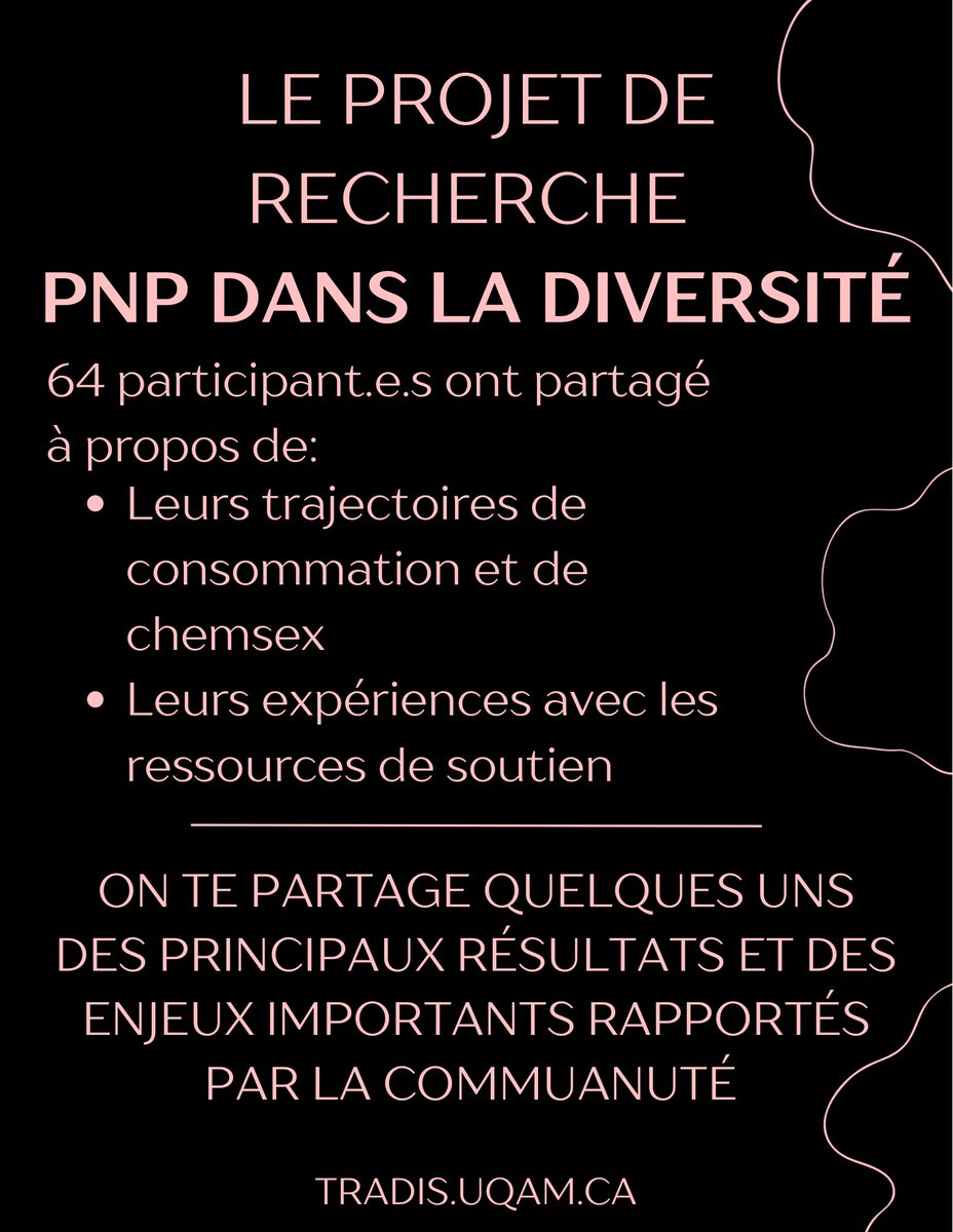 Party n’ Play et Chemsex - Quelques résultats du projet de recherche PnP dans la diversité de la <a href="/ChaireTradis/">Chaire TRADIS</a> de l’UQAM 🧵

D’abord, le projet de recherche PnP dans la diversité est une recherche qualitative auprès de 64 participant.e.s