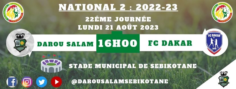 DarouSalamSebi's tweet photo. 🥅  𝘿𝘼𝙍𝙊𝙐 𝙎𝘼𝙇𝘼𝙈 𝘿𝙀 𝙎𝙀𝘽𝙄 - 𝙁𝘾 𝘿𝘼𝙆𝘼𝙍

🏆 22ème Journée N2
🗓️  Lundi 21 Août 2023
🏟️ STADE MUNICIPAL DE SEBIKOTANE 
⏰ 16h00

#NATIONAL2 #FOOTLOCAL221 #SEBIKOTANE https://t.co/Eh0fH4CqJY