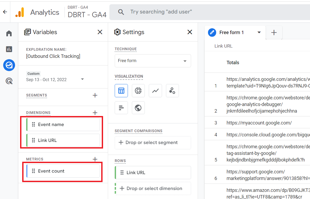 analyticsnerd's tweet photo. Here is how you can create a report in #GA4 to track outbound links (external links)...

In GA4, you can track clicks on external links on your website without any additional code or tagging.

You just need to enable the 'Outbound clicks' tracking feature under 'Enhanced measurement'.

Once this tracking feature is enabled, whenever a user clicks on an external link on your website, GA4 fires an event called ‘click‘.

This event is captured along with the ‘Link URL‘ dimension.
.
Note: The external Links configured for cross-domain tracking will not trigger outbound click events.
.
.
External links (also known as ‘Outbound links‘) are links to other websites from your website.

For example, a link to your amazon profile from your ‘about us’ page is an external link.

If you are an affiliate, you would like to know how much traffic you are sending out to other websites.

You would like to know which external links are clicked by your website users.

If your website links out to your social media profiles, you would like to know which social media profiles are visited by your website users.

You can get answers to all these questions by using the outbound click tracking report.