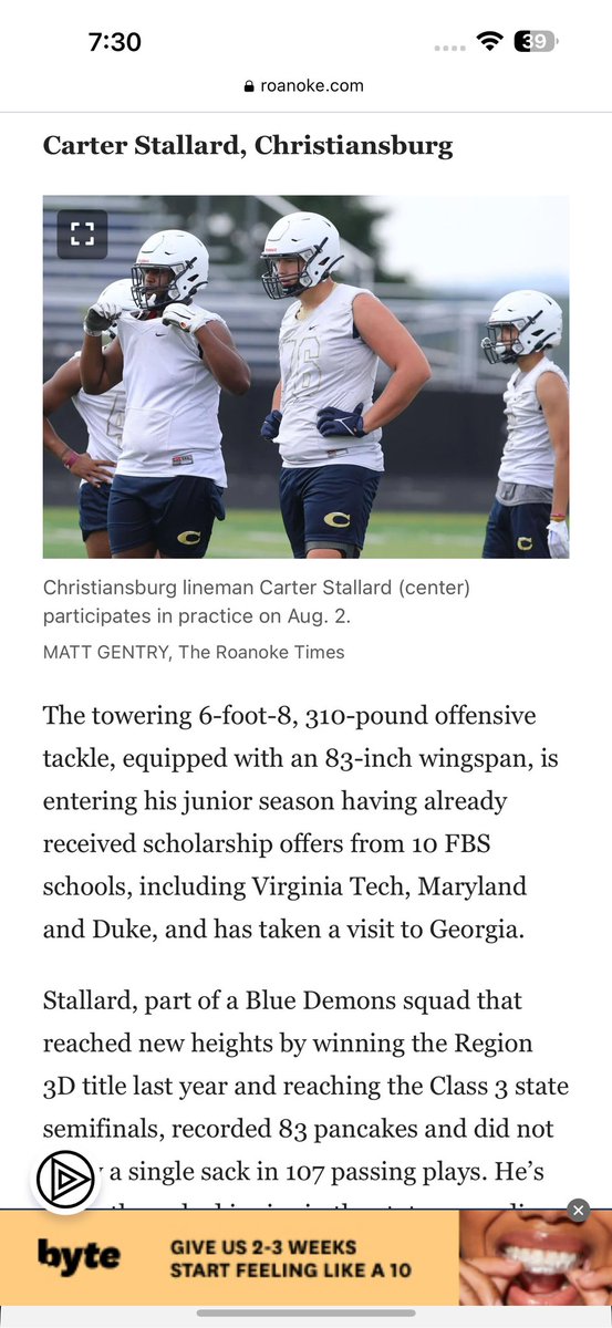 Great article from the Roanoke times thank you! @coach_AWilkens @CoachPryVT @Coach_TElliott @BiffPoggi @KirbySmartUGA In the link is my highlights please check them out‼️ hudl.com/v/2LNuvB