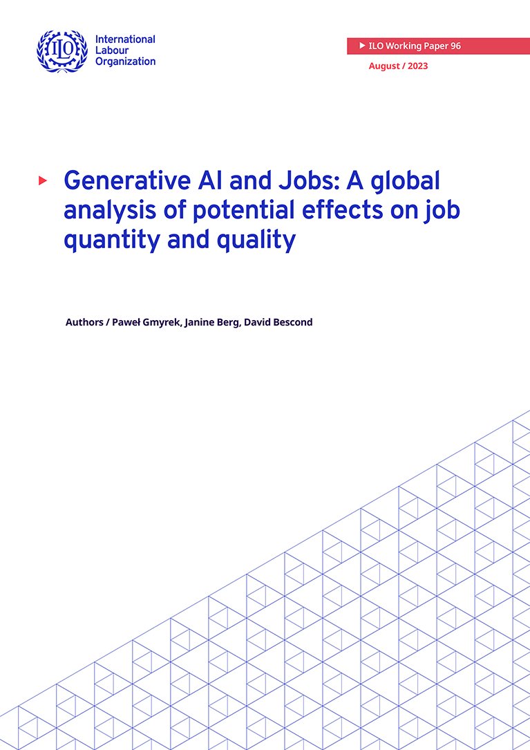 A new @ILO working paper looks at potential impacts of Generative AI, such as chatGPT. It finds that these are likely not job destruction but rather changes to the job quality, work intensity and autonomy. tinyurl.com/3dr9ztcr