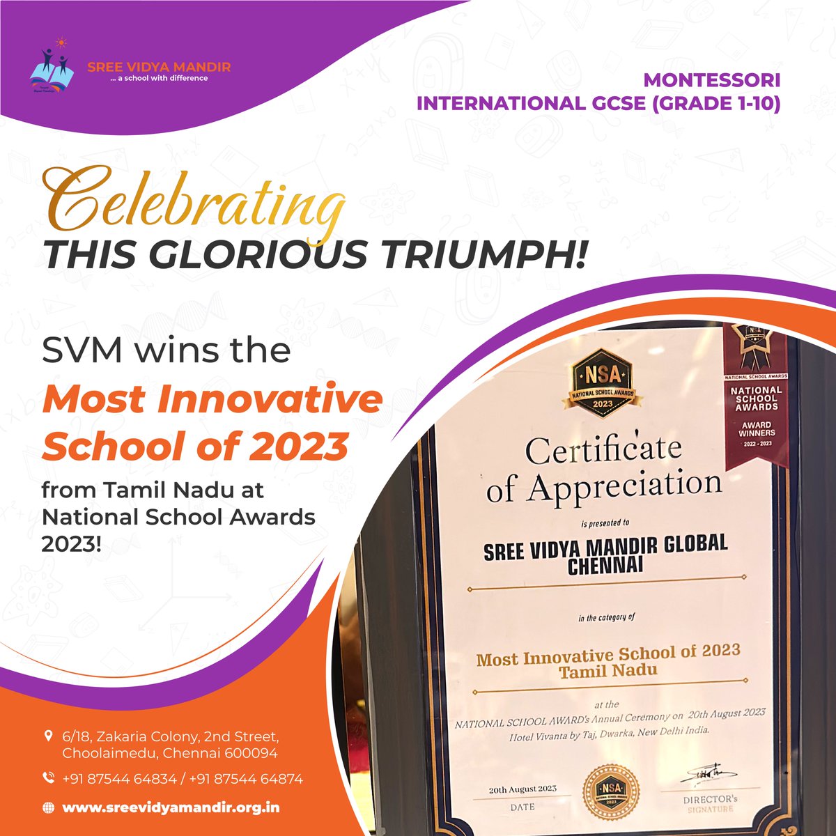 Celebrating another significant triumph! 

SVM Global won the "The Most Innovative School of 2023" award from Tamil Nadu at the National School Awards 2023 in Delhi. 

We are very proud to achieve this glorious milestone! 

#SVM #Sreevidyamandir #Award #glorious #Innovative