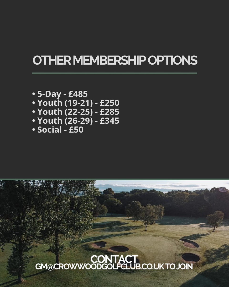 𝗠𝗘𝗠𝗕𝗘𝗥𝗦𝗛𝗜𝗣 𝗢𝗙𝗙𝗘𝗥🏌🏽
Join now &amp; play for free for the rest of August! Our memberships come with a whole host of benefits from discounts on drinks in the bar, driving range, function hire &amp; more!

Email gm@crowwoodgolfclub.co.uk to enquire! <a href="/GolfinScotland1/">Golf in Scotland</a>