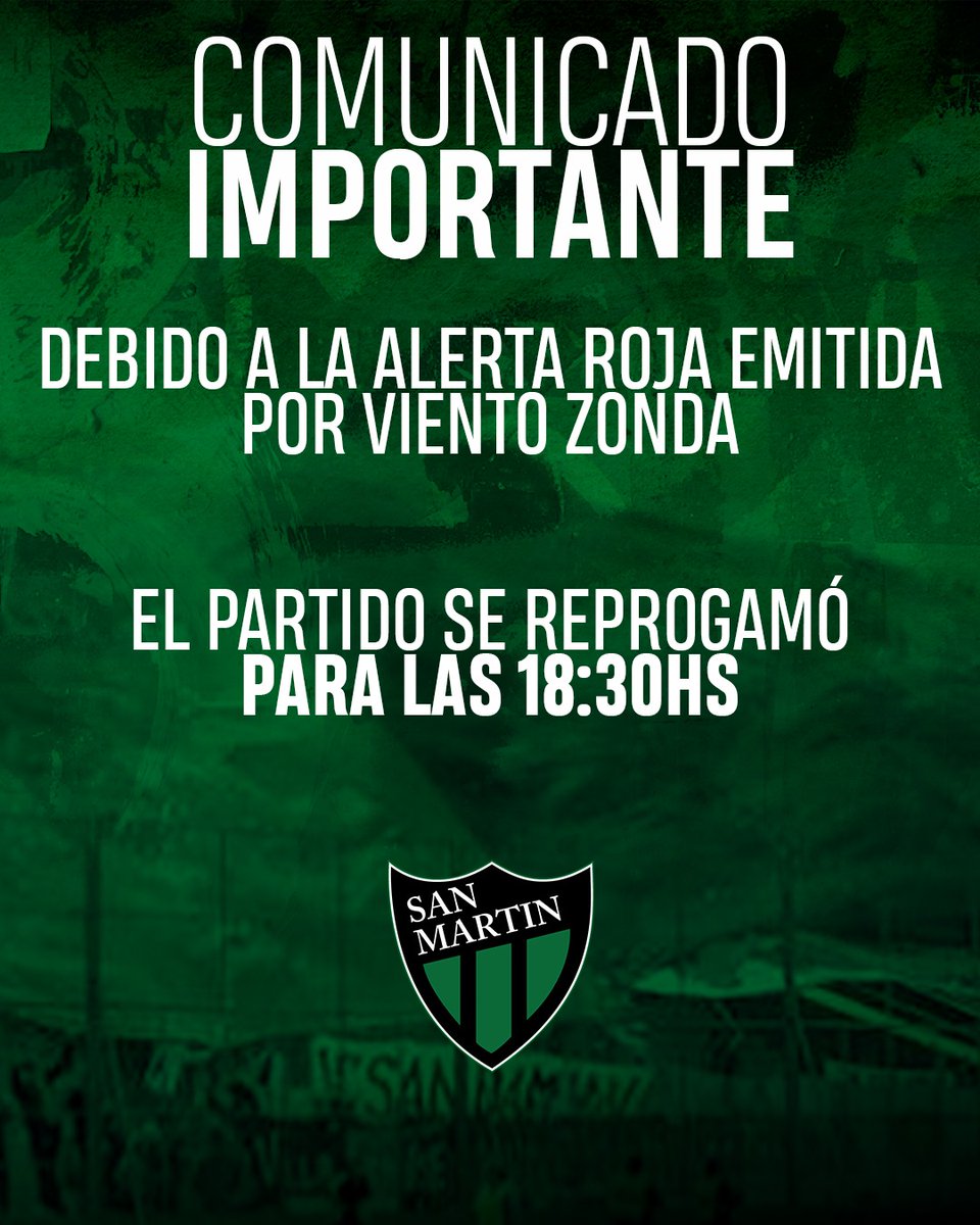 CASanMartinSJ's tweet photo. Importante ⚠️⚠️⚠️⚠️

El partido frente a San Martín de Tucumán comenzará 18:30hs.

#VamosVerdinegro 🟢⚫ https://t.co/jQf4Efqxl6