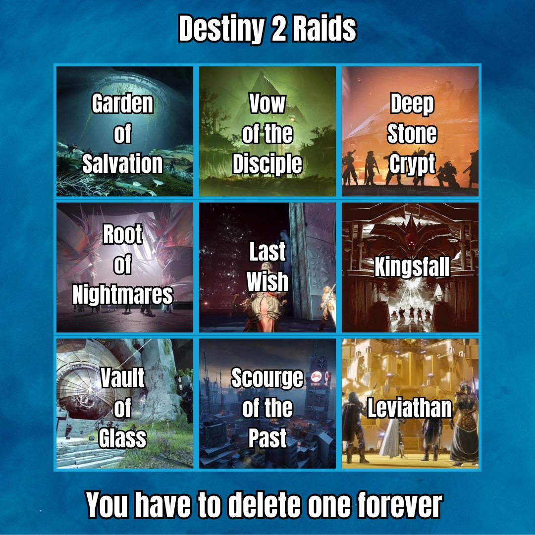 AwokenKhaleesi's tweet image. This one’s for my fellow guardians!

Which ones gotta go?

#Destiny2 #Destiny2Raids #Bungie