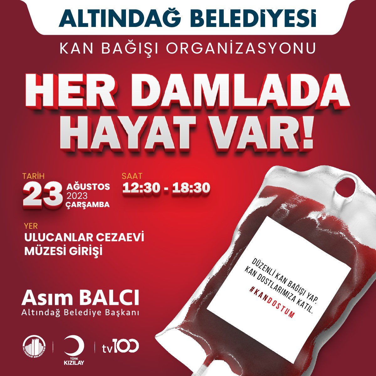 #SensizOlmaz Altındağ Belediyemiz, @Kizilay ve @tv100 ile birlikte yürüttüğümüz kan bağışı organizasyonunda siz değerli Altındağlıları da kan bağışı yapmaya davet ediyoruz. 📍Ulucanlar Cezaevi Müzesi Girişi 🗓️23 Ağustos Çarşamba 🕒12.30 - 18.30 saatleri arası