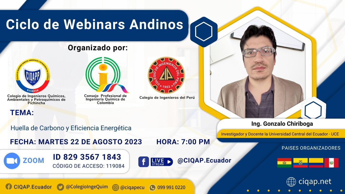 ColegioIngeQuim's tweet photo. ✅  Ciclo de Webinars Andinos:   "Huella de Carbono y Eficiencia Energética"
Dictado por:
Ing. Gonzalo Chiriboga https://t.co/Q1240e9SnB