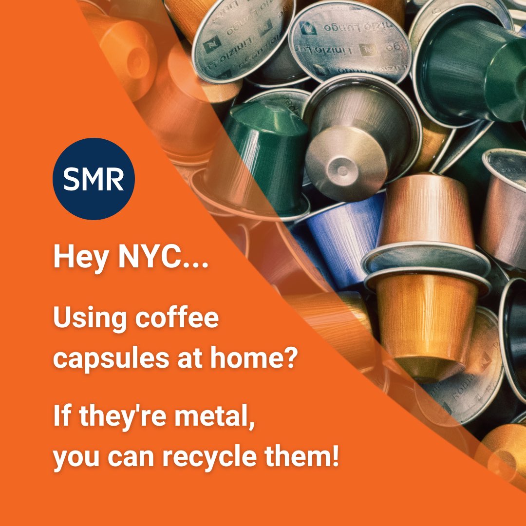 NYC you CAN recycle METAL coffee pods in your home recycling bin with metal, glass, &amp; hard plastic. We sort the pods, remove the coffee grounds, and sell the metal to smelters. Want more info on HOW? Fall tour registration begins 9/7 @ 4pm on our website. SMRecycles.com