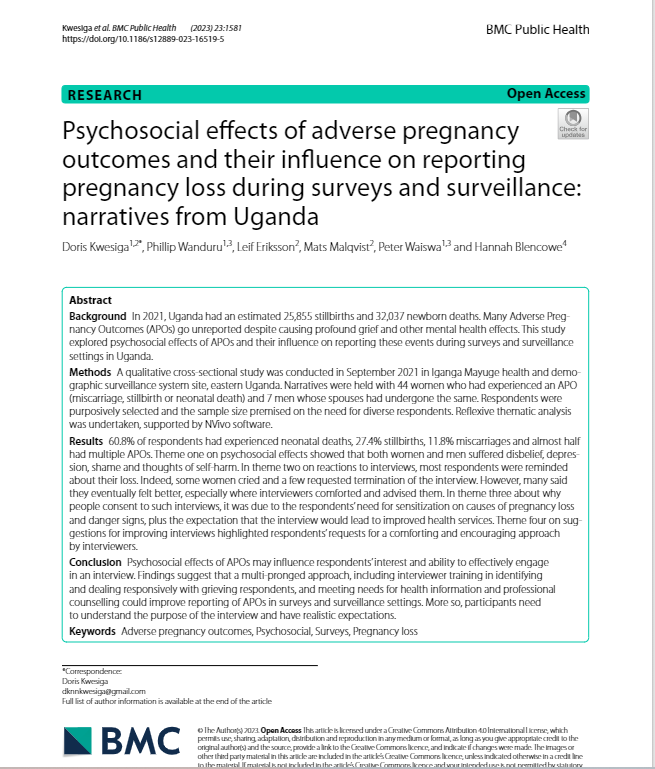 MNCH_Centre's tweet photo. 🚨#NewPublicatioAlert: 
Congrats @kambugyiro on your latest publication in @GHWindow!
"Psychosocial effects of adverse pregnancy outcomes and their influence on reporting pregnancy loss during surveys and surveillance: narratives from Uganda".
Full-text: https://t.co/VSE9EoJBv4 https://t.co/HnkUzAhKBL