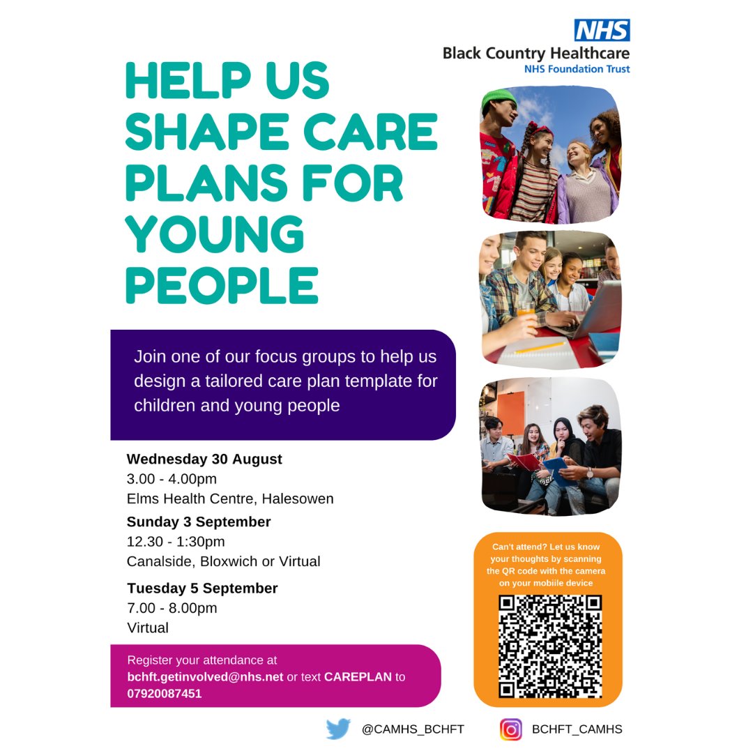Have you had your say?

Could you spare a few minutes to let us know what is important to you when thinking about our care plans?

Book a space at a focus group, or complete a short online survey. All feedback is valued. Your opinion matters

#workingtogether #camhs #careplan