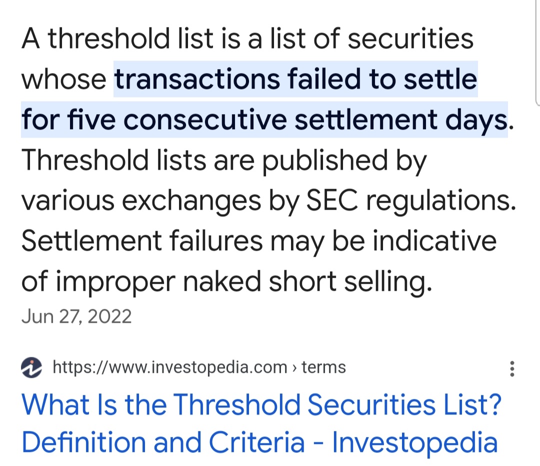 FTD's are put on the #NYSE Threshold list when they have failed to deliver the stock for 5 consecutive days. Which means they have failed to deliver #AMC for 45 days. The rule is they must immediately close out their FTD's by purchasing shares on the open market. As we know they