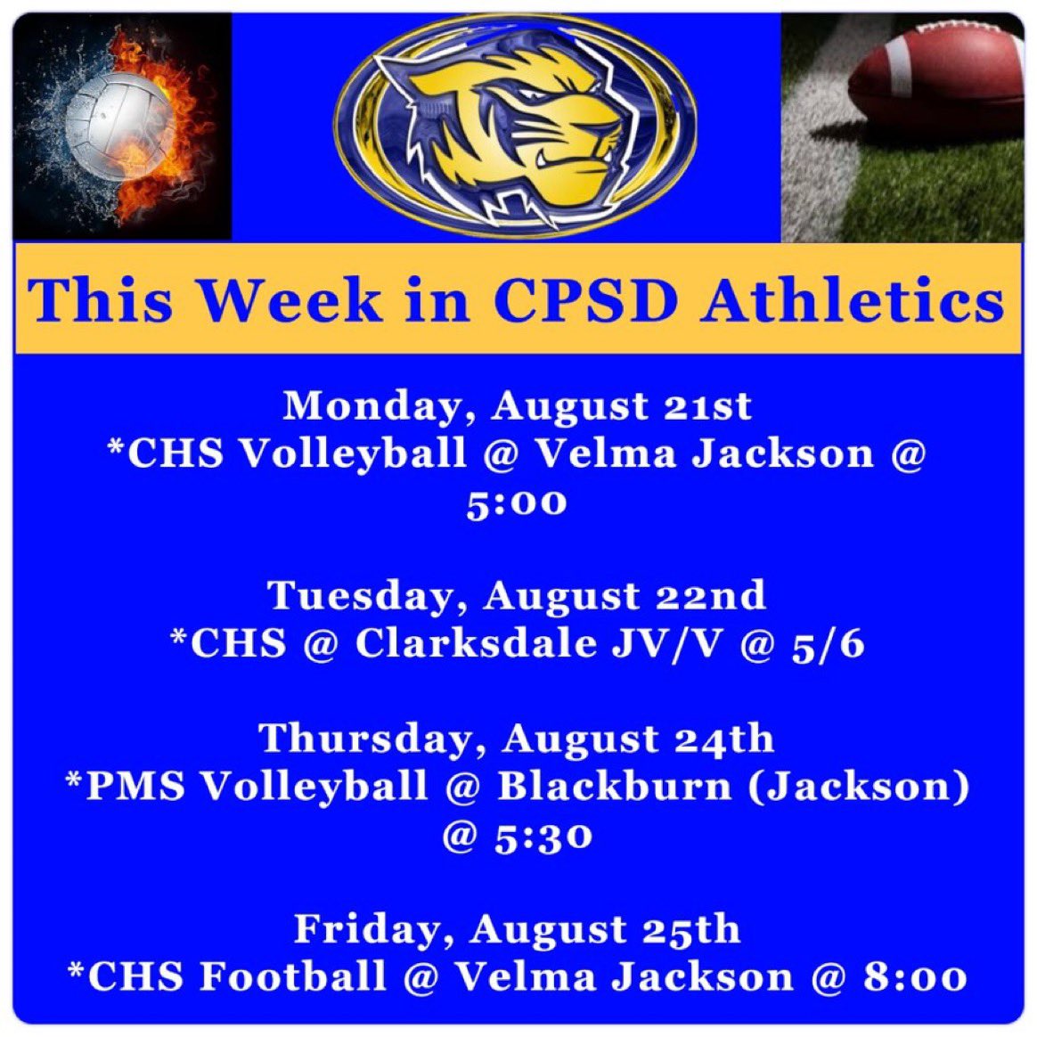 Support your Tigers!🐅
(Game time change due to heat advisory: 8:00pm CHS vs Velma Jackson)
