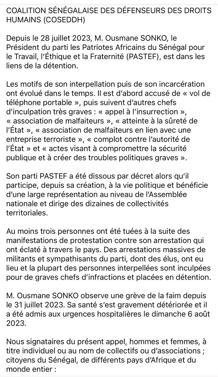 Amadouba008's tweet photo. Les plus grands intellectuels sénégalais et africains signent une tribune demandant la libération de Ousmane Sonko et des détenus politiques,et l’abrogation du décret de dissolution de son Parti Pastef.
La dictature au Sénégal est devenue une réalité dénoncée par tous. https://t.co/dJm91ecsU9