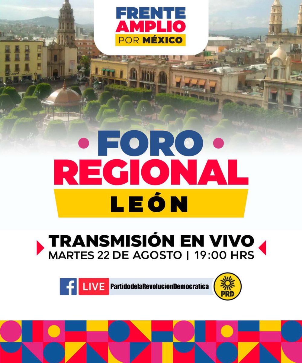 PRDMexico's tweet photo. Te invitamos a seguir la transmisión del 3er Foro Regional del #FrenteAmplioPorMéxico
🗓️22 de Agosto
🕖 19hrs
📍León, #Guanajuato
🔗 FB del #PRD https://t.co/QJRdBDJ5sB https://t.co/7bBbzUWtpQ