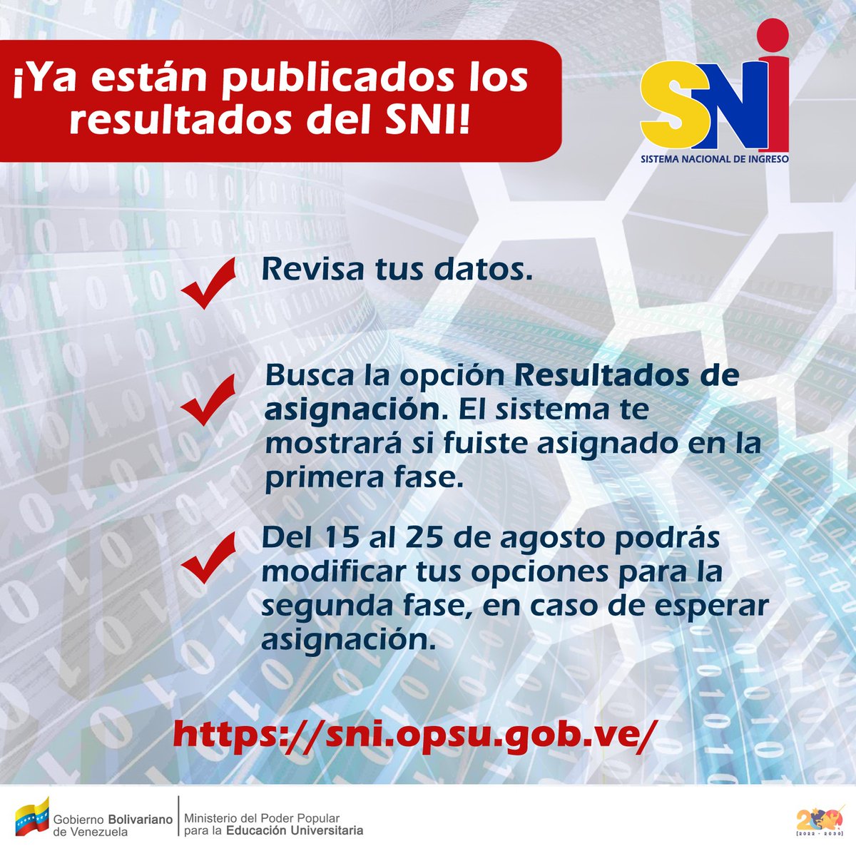 mippci_ven's tweet photo. ¡Bachiller, ya puedes consultar!
Te invitamos a verificar los resultados publicados del Sistema Nacional de Ingreso.

Además tienes la oportunidad de hacer una nueva selección del #15Ago al #25Ago.

#ConversaítoConMaduro https://t.co/Ze7bHzePcC
